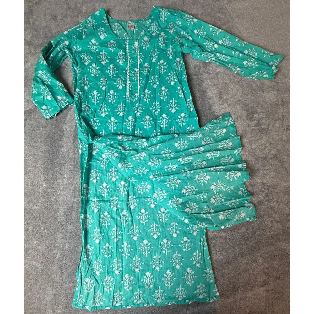 GM Teal White Floral Block Print Cotton Midi Kurta Dress 3/4 Sleeve Women's S